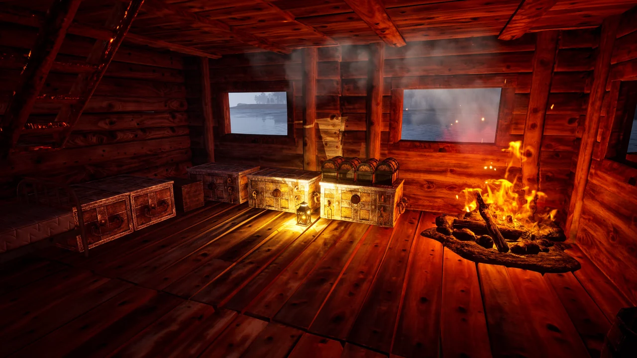 Firelight illuminates wooden walls, windows and storage chests inside a player-built cabin.